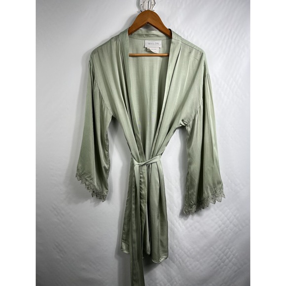 Anthropologie BHLDN Matine Satin Robe XS Sage Green‎ Lave Trim Sleep Lounge